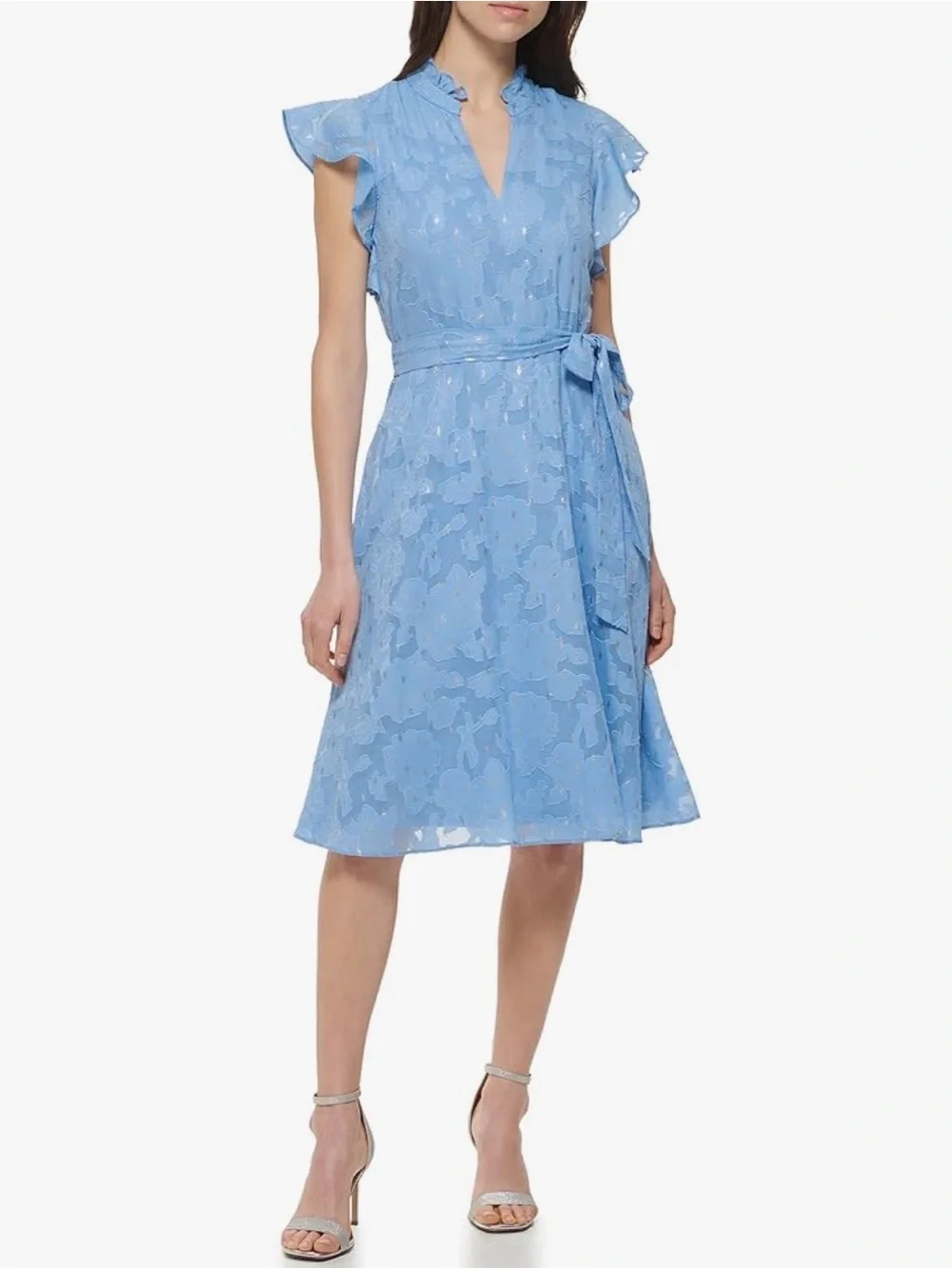 Jessica Howard Blue Chiffon Floral Shimmer Fit &Flare Midi Dress Petite NWT - Picture 2 of 6